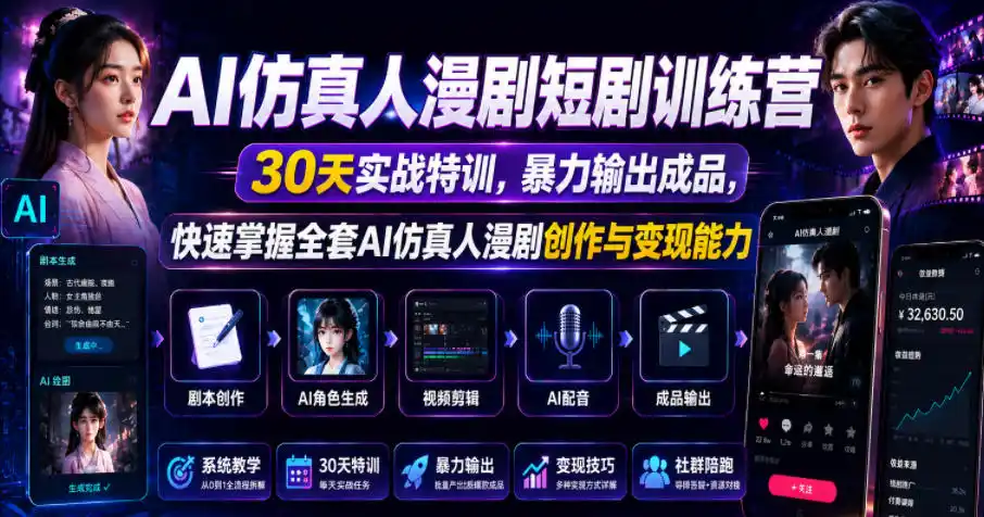 AI仿真人漫剧短剧训练营,30天实战特训,暴力输出成品,快速掌握全套AI仿真人漫剧创作与变现能力-汇课新知资源网