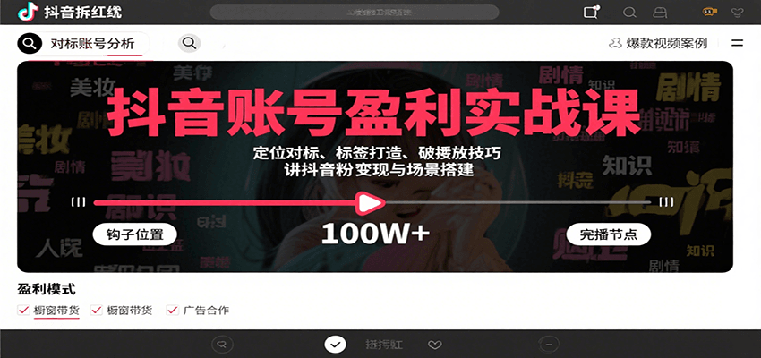 抖音账号盈利实战课,定位对标、标签打造、破播放技巧,讲涨粉变现与场景搭建-汇课新知资源网