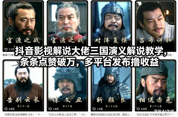 抖音影视解说大佬三国演义解说教学,条条点赞破万,多平台发布撸收益-汇课新知资源网