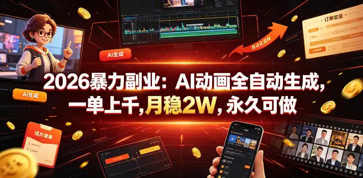 2026暴力副业：AI动画全自动生成，一单上千，月稳2W，永久可做【揭秘】-汇课新知资源网