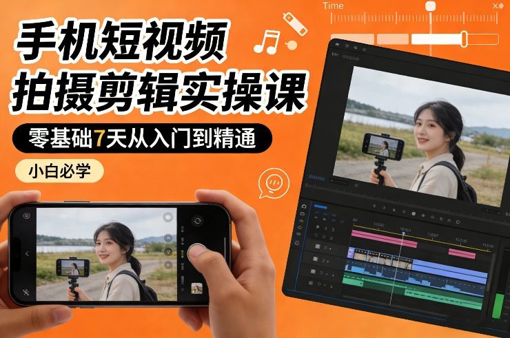 手机短视频拍摄剪辑实操课，零基础7天从入门到精通，小白必学-汇课新知资源网