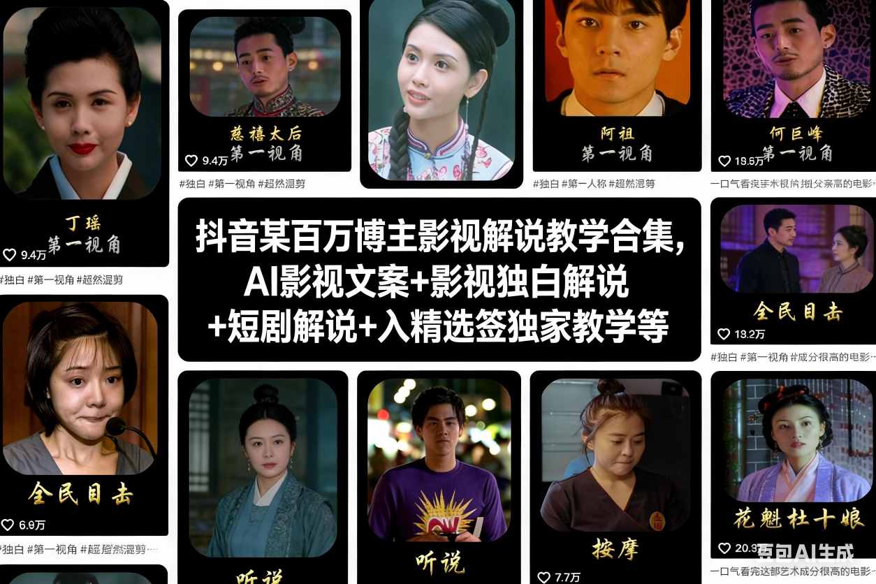 抖音某百万博主影视解说教学合集,AI影视文案+影视独白解说+短剧解说+入精选签独家教学等-汇课新知资源网