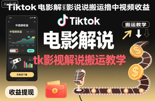 Tiktok电影解说搬运撸中视频收益,tk影视解说搬运教学-汇课新知资源网