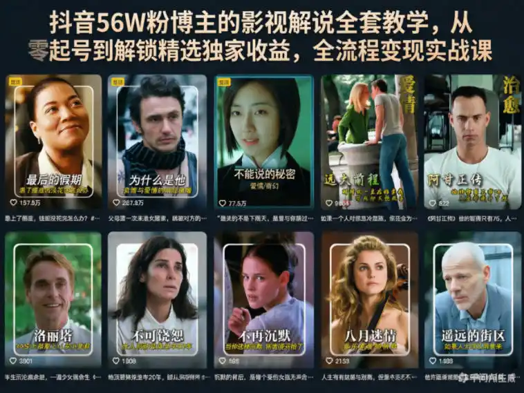 抖音56W粉博主的影视解说全套教学,从零起号到解锁精选独家收益,全流程变现实战课-汇课新知资源网