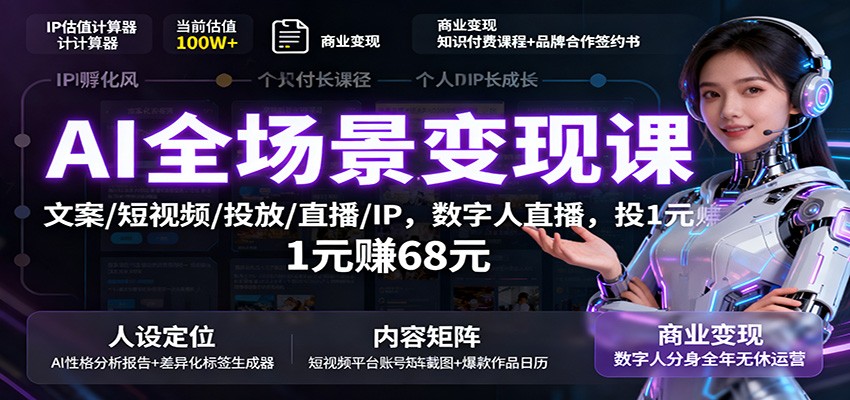 AI全场景变现课：文案/短视频/投放/直播/IP，数字人直播，投1元赚68元-汇课新知资源网