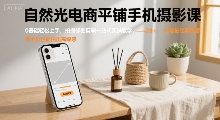 自然光电商平铺手机摄影课，0基础轻松上手，拍摄修图剪辑一站式实操教学，用手机也能拍出高级感-汇课新知资源网