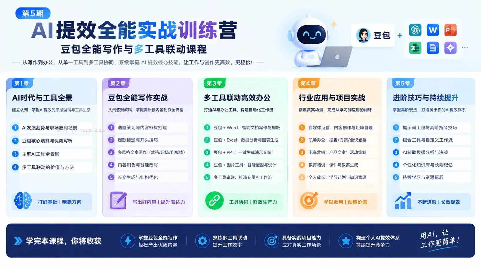 【第5期】AI提效全能实战训练营，完整章节结构包含豆包全能写作与多工具联动课程