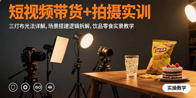 短视频带货+拍摄实训：三灯布光法详解,场景搭建逻辑拆解,饮品零食实景教学-汇课新知资源网