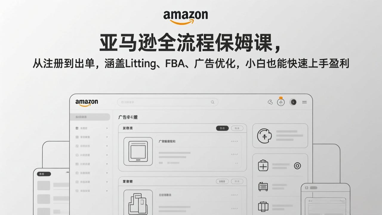 亚马逊全流程保姆课，从注册到出单，涵盖Listing、FBA、广告优化，小白也能快速上手盈利-汇课新知资源网
