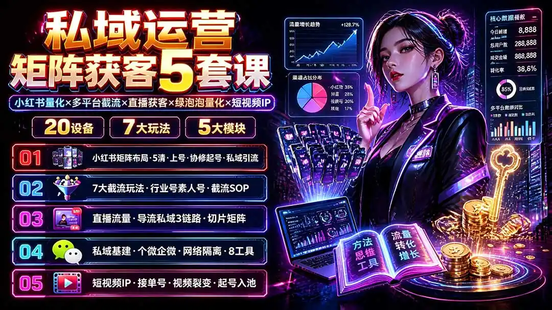私域运营矩阵获客5套课:小红书量化×多平台截流×直播获客×绿泡泡量化×短视频IP×20设备×7大玩法-汇课新知资源网