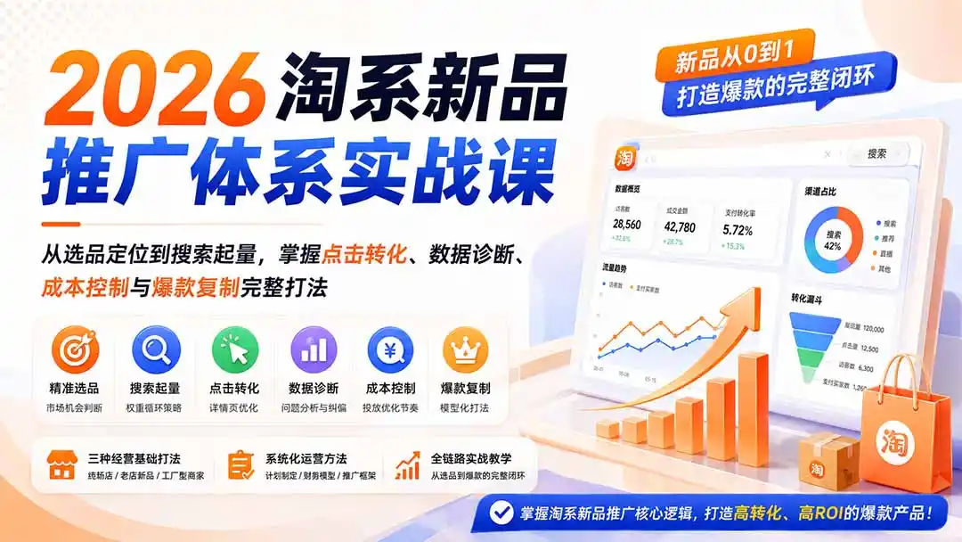 2026淘系新品推广体系实战课：从选品定位到搜索起量，掌握点击转化、数据诊断、成本控制与爆款复制完整打法-汇课新知资源网