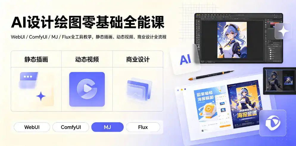 AI设计绘图零基础全能课|WebUI/ComfyUI/MJ/Flux全工具教学,静态插画、动态视频、商业设计全流程-汇课新知资源网