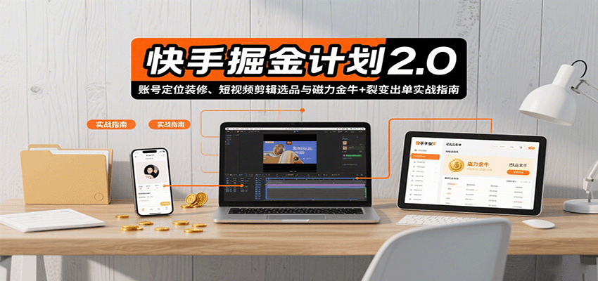 快手掘金计划2.0，账号定位装修、短视频剪辑选品与磁力金牛+裂变出单实战指南-汇课新知资源网