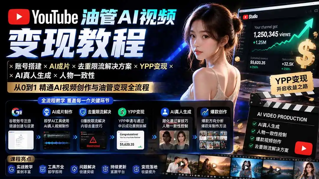 YouTube油管AI视频变现教程-更新：账号搭建×AI成片×去重限流解决方案×YPP变现×AI真人生成×人物一致性-汇课新知资源网
