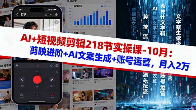 AI+短视频剪辑218节实操课-10月:剪映进阶+AI文案生成+账号运营,月入2万-汇课新知资源网