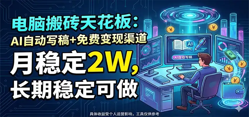 电脑搬砖天花板:AI自动写稿+免费变现渠道,月稳定2W,长期稳定可做-汇课新知资源网