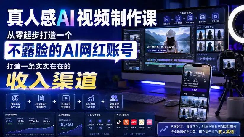 真人感AI视频制作课,从零起步打造一个不露脸的AI网红账号,打造一条实实在在的收入渠道【原创双语字幕】-汇课新知资源网