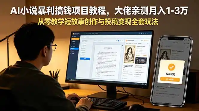 AI小说暴利搞钱项目教程,大佬亲测月入1-3万,从零教学短故事创作与投稿变现全套玩法-汇课新知资源网