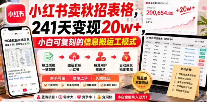 小红书卖秋招表格，241天变现20w+，小白可复刻的信息搬运工模式-汇课新知资源网