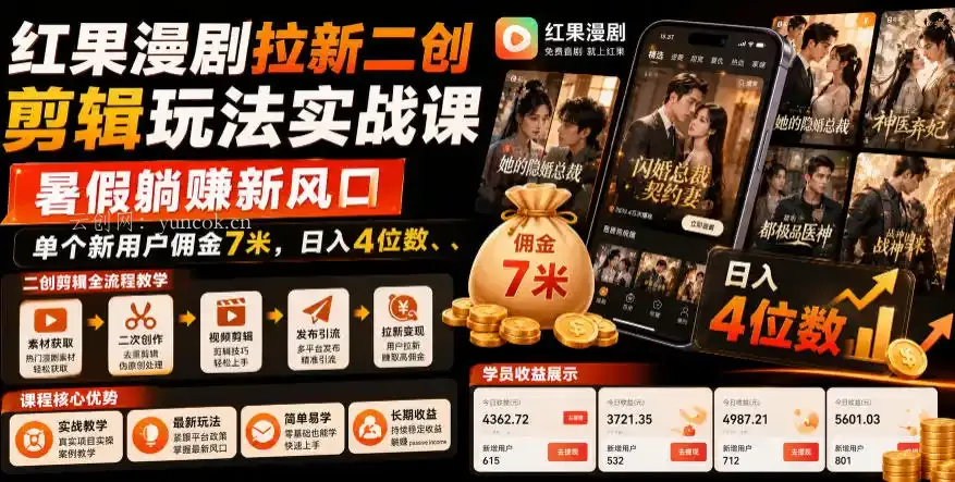 红果漫剧拉新二创剪辑玩法实战课,暑假躺賺新风口,单个新用户佣金7米,日入4位数(更新1013)