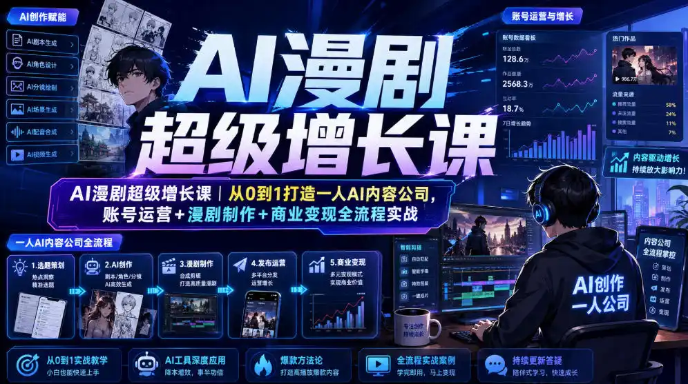 AI漫剧超级增长课|从0到1打造一人AI内容公司,账号运营+漫剧制作+商业变现全流程实战-汇课新知资源网