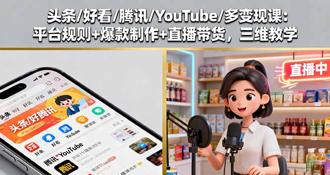 头条/好看/腾讯/YouTube/多变现课:平台规则+爆款制作+直播带货,三维教学-汇课新知资源网