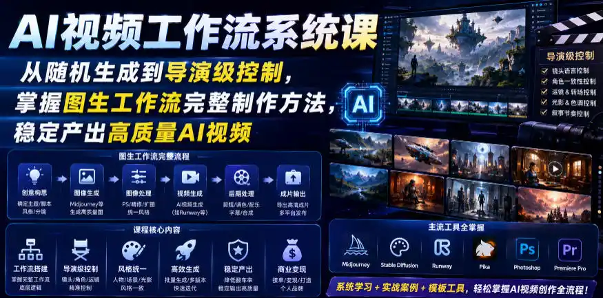 AI视频工作流系统课，从随机生成到导演级控制，掌握图生工作流完整制作方法，稳定产出高质量AI视频-汇课新知资源网