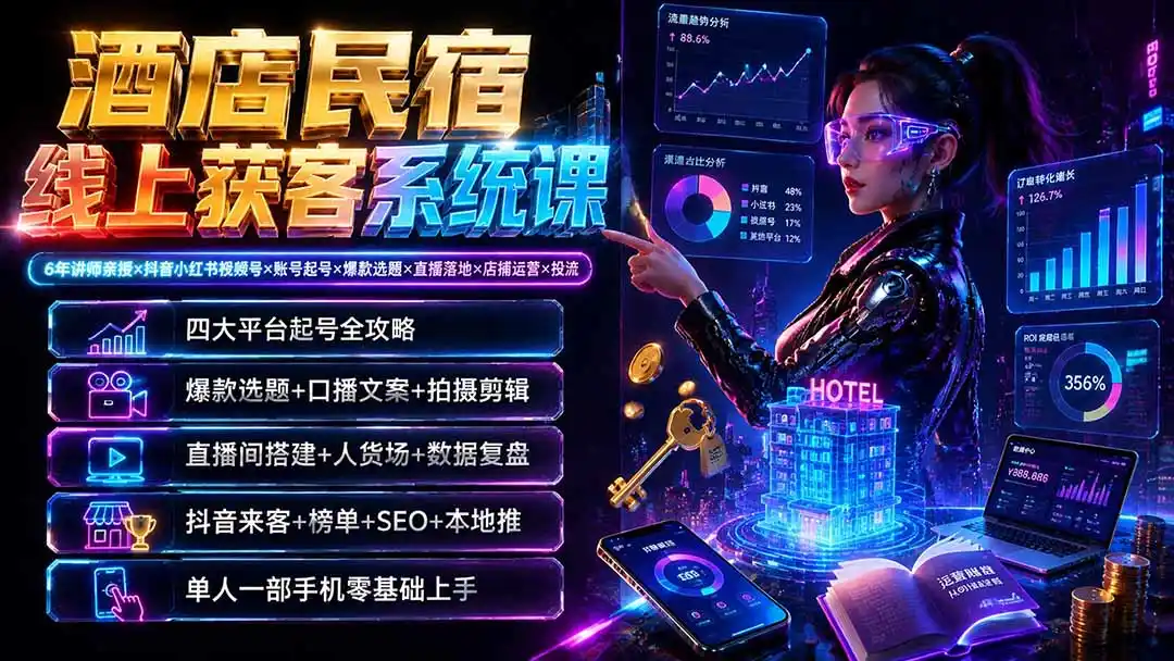 酒店民宿线上获客系统课:6年讲师亲授×抖音小红书视频号×账号起号×爆款选题×直播落地×店铺运营×投流-汇课新知资源网