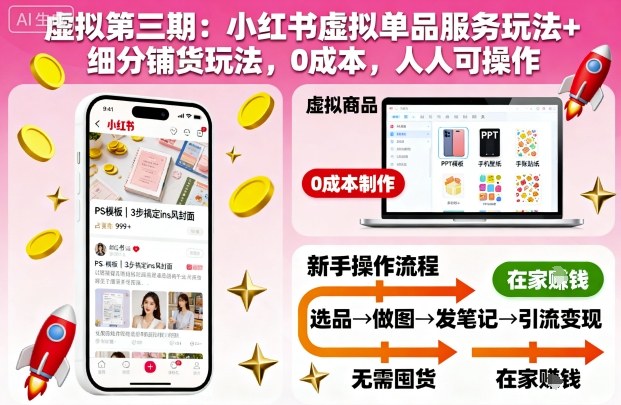 虚拟第三期:小红书虚拟单品服务玩法+细分铺货玩法,0成本,人人可操作(更新)-汇课新知资源网