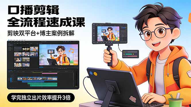 口播剪辑全流程速成课,剪映双平台+博主案例拆解,学完独立出片效率提升3倍-汇课新知资源网