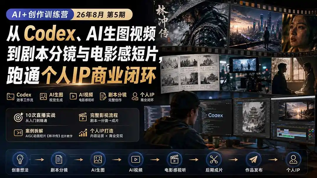 AI+创作训练营26年第5期-更新:从Codex、AI生图视频到剧本分镜与电影感短片,跑通个人IP商业闭环-汇课新知资源网