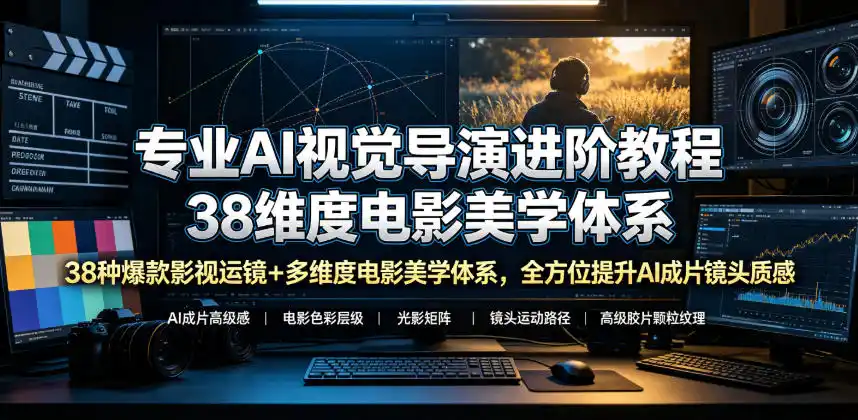 专业AI视觉导演进阶教程，38种爆款影视运镜+多维度电影美学体系，全方位提升AI成片高级感与镜头质感-汇课新知资源网
