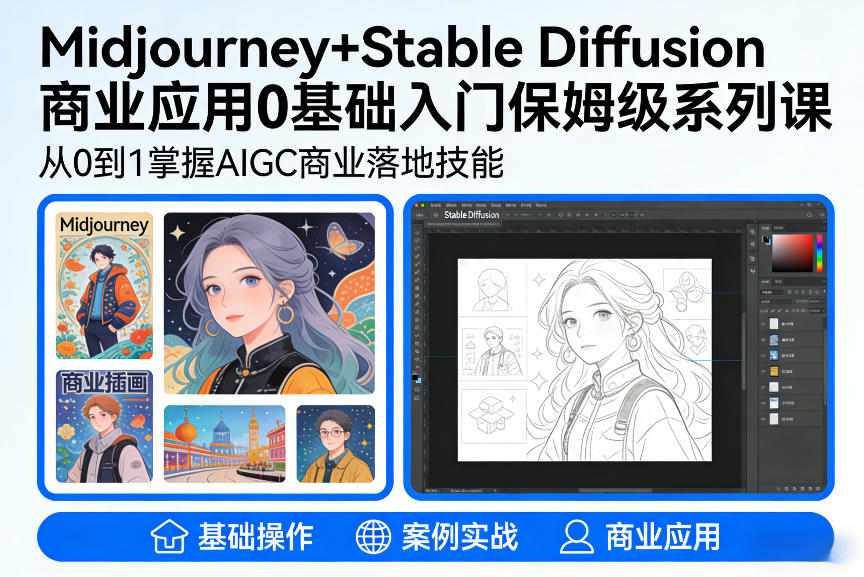 AIGC商业应用Midjourney+Stable Diffusion教程，0基础入门保姆级系列课-汇课新知资源网