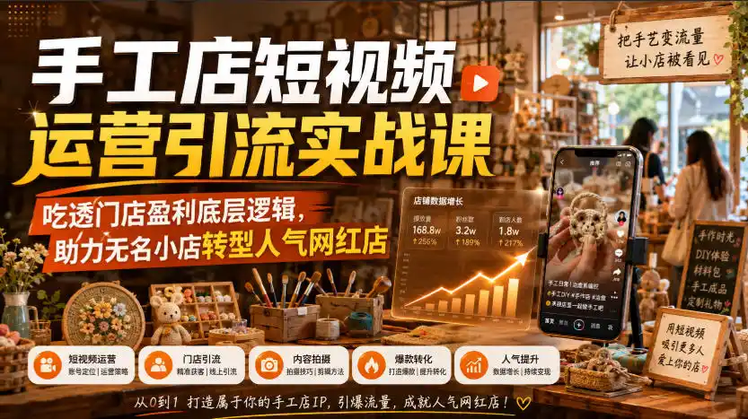 手工店短视频运营引流实战课，吃透门店盈利底层逻辑，助力无名小店转型人气网红店-汇课新知资源网