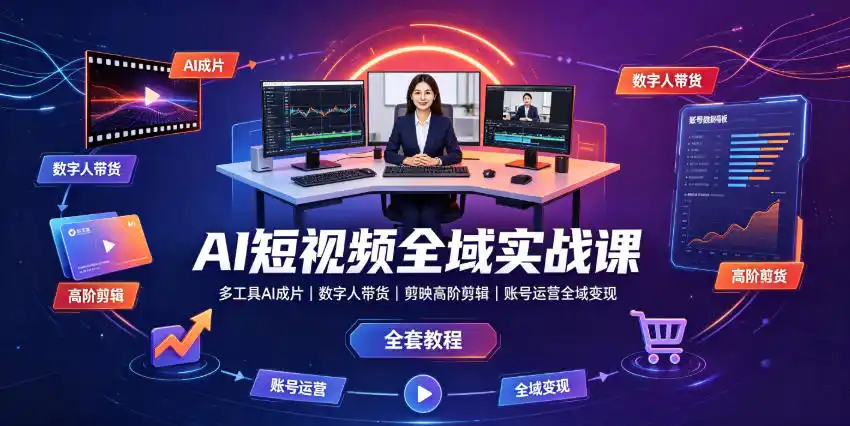 AI短视频全域实战课|多工具AI成片、数字人带货、剪映高阶剪辑、账号运营全域变现全套教程-汇课新知资源网