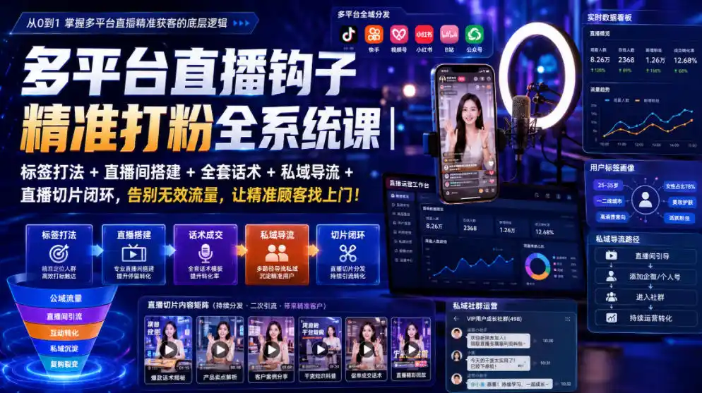 多平台直播钩子精准打粉全系统课｜标签打法+直播间搭建+全套话术+私域导流+直播切片闭环，告别无效流量，让精准顾客找上门！-汇课新知资源网