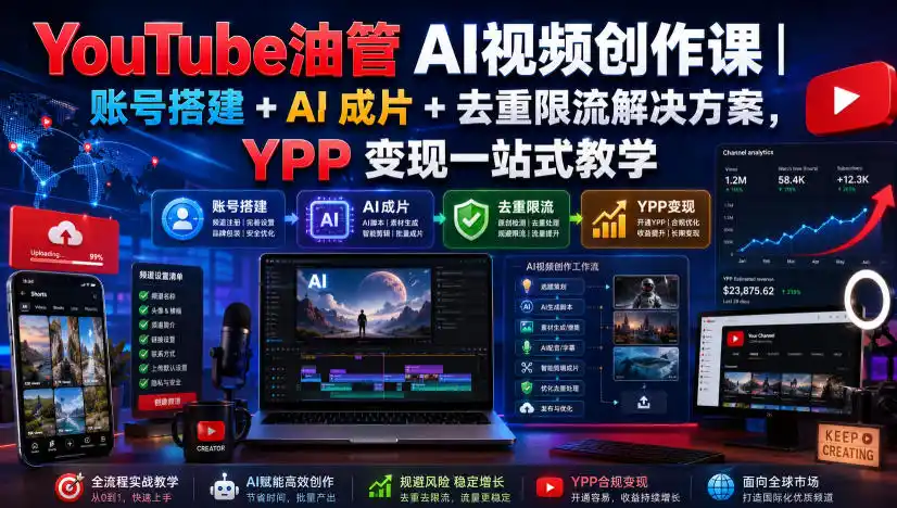 YouTube油管AI视频创作课|账号搭建+AI成片+去重限流解决方案,YPP变现一站式教学-汇课新知资源网