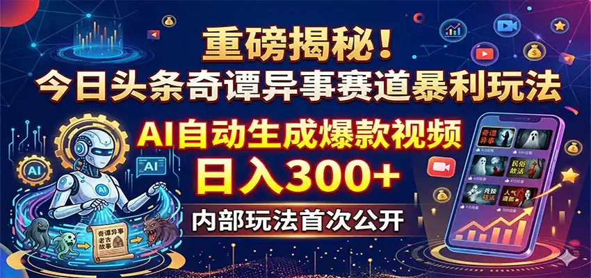 重磅揭秘！今日头条奇谭异事赛道暴利玩法：AI自动生成爆款视频，日入300+-汇课新知资源网