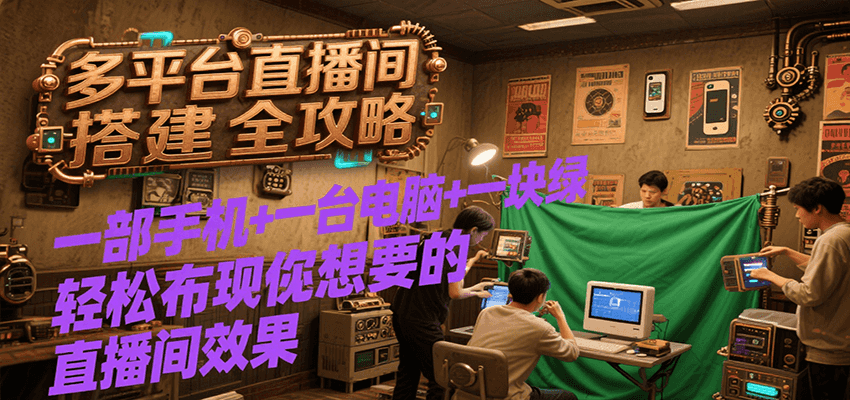 多平台直播间搭建全攻略，一部手机+一台电脑+一块绿布轻松实现你想要的直播间效果-汇课新知资源网