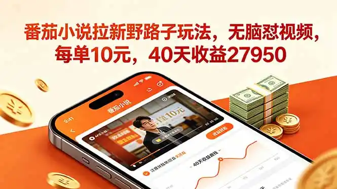 番茄小说拉新野路子玩法,无脑怼视频,每单10元,40天收益27950-汇课新知资源网
