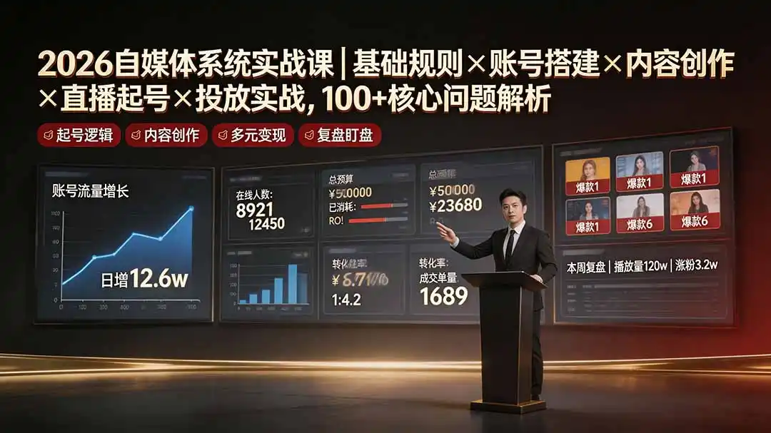 2026自媒体系统实战课｜基础规则×账号搭建×内容创作×直播起号×投放实战，100+核心问题解析-汇课新知资源网