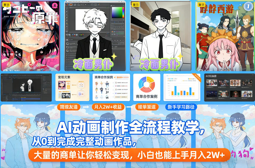 AI动画制作全流程教学，从0到完成完整动画作品，大量的商单让你轻松变现，小白也能上手月入2W+-汇课新知资源网