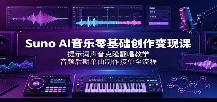 Suno AI音乐零基础创作变现课：提示词声音克隆翻唱教学，音频后期单曲制作接单全流程-汇课新知资源网