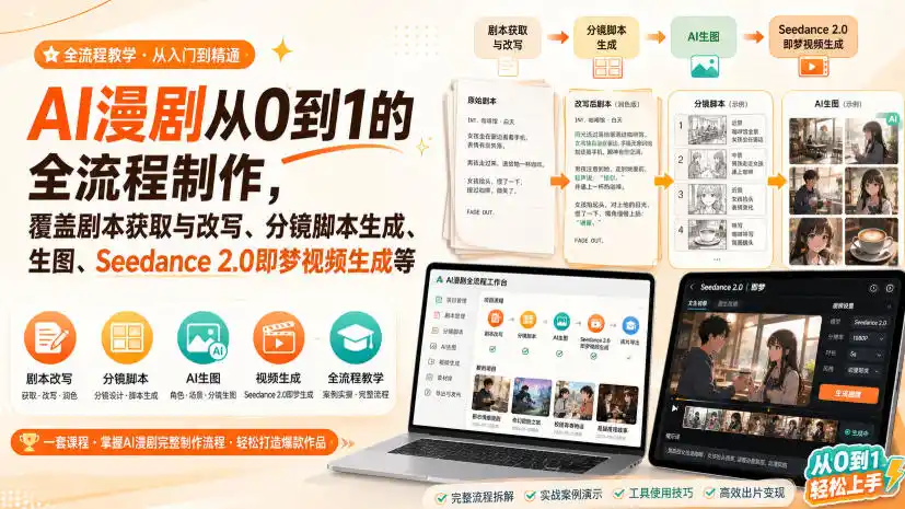 AI漫剧从0到1的全流程制作,覆盖剧本获取与改写、分镜脚本生成、角色场景生图与三视图、Seedance 2.0即梦视频生成(PDF版)-汇课新知资源网