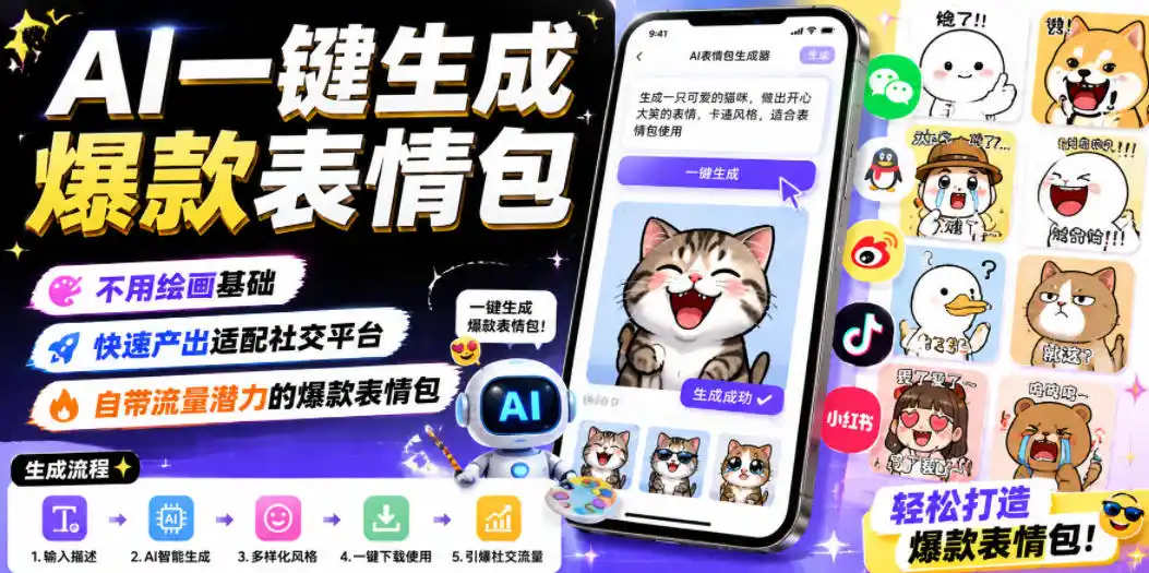AI一键生成爆款表情包，不用绘画基础，快速产出适配社交平台，自带流量潜力的爆款表情包-汇课新知资源网