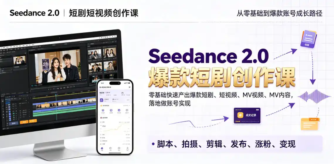 Seedance 2.0短剧短视频创作课,零基础快速产出爆款短剧、短视频、MV内容,落地做账号实现变现-汇课新知资源网