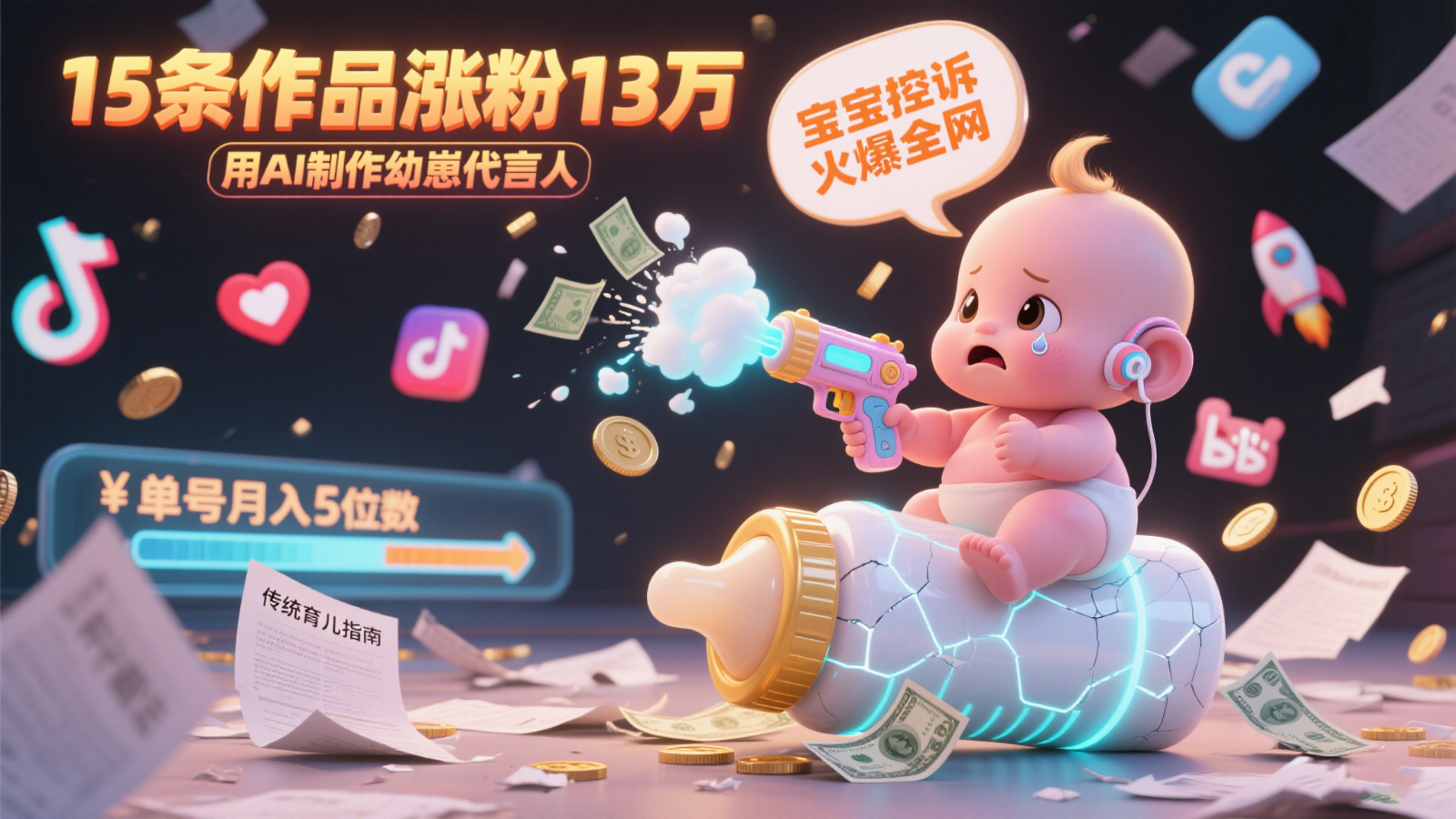 用AI制作幼崽代言人，宝宝的控诉火爆全网，15条作品涨粉13万，单号月入5位数实操教程-汇课新知资源网