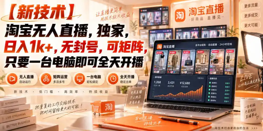 【独家新技术】淘宝无人直播，日入1k+，无封号，可矩阵，只要一台电脑即可全天开播【揭秘】