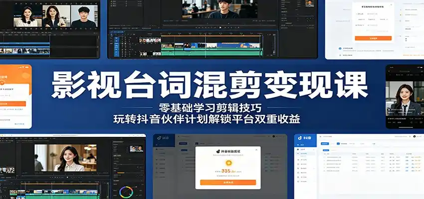 影视台词混剪变现课:零基础学习剪辑技巧,玩转抖音伙伴计划解锁平台双重收益-汇课新知资源网
