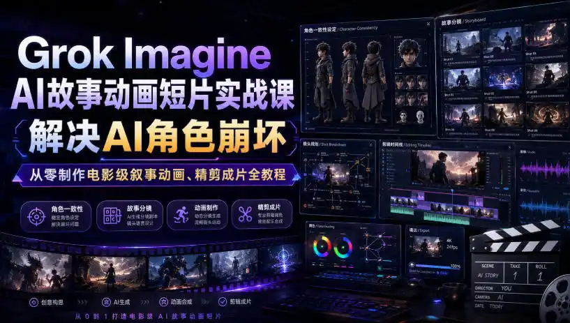 Grok Imagine AI故事动画短片实战课｜解决AI角色崩坏，从零制作电影级叙事动画、精剪成片全教程(中英字幕)
